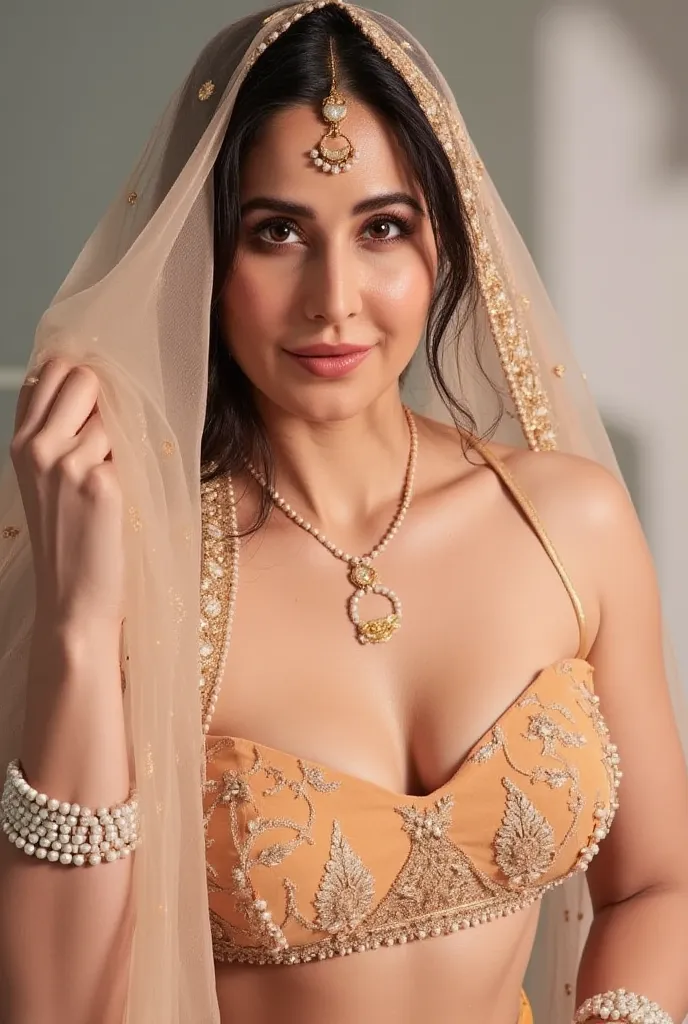 (masterpiece, best quality:1.2), She is draped in a ultra low waist peach colour lehenga with delicate gold embroidery, giving her an ethereal, moonlit glow. Her champagne sheer veil barely grazes her bare stomach, fully exposing her deep navel and slim wa...