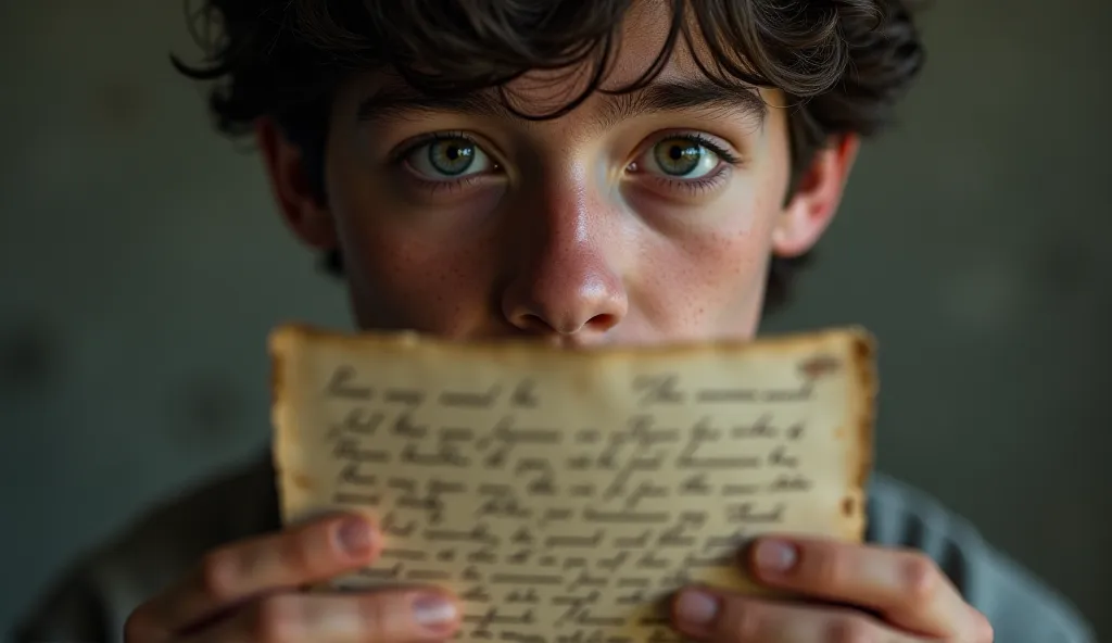 Close-up of an old letter with faded handwriting, held by a young man with teary eyes.
