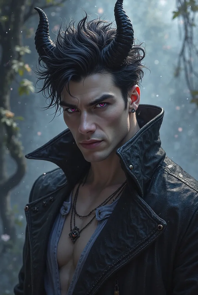 Handsome demon male, purple cat eyes, smirk, white skin, black horns, balck hair, wolf hair cut