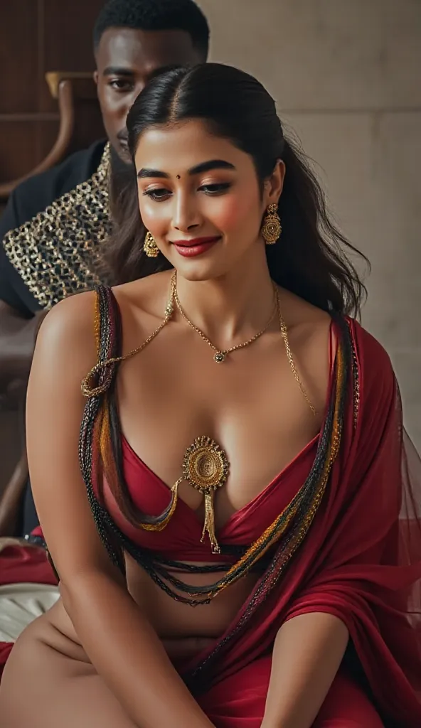 in a dimly light setting A naughty and curvaceous light neutral skin tone woman in traditional attire, wearing a deep red messed up elegant saree, no blouse piece, bare breast and intricate jewelry glass green bangles and a red small bindi between her eyeb...