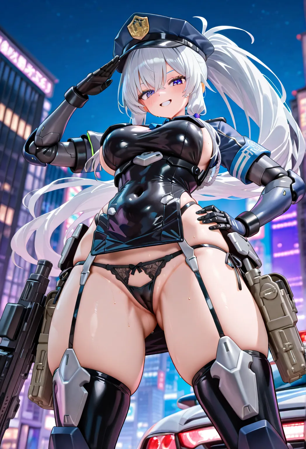 cyberポリス。Robot Girl。 Machine Body 。black machine armored。Mechanical quadriceps。machine police uniform。 cyber。police hat。 Next to the police car。salute。 black panties。 ponytail。Dark night city。 machine armor 