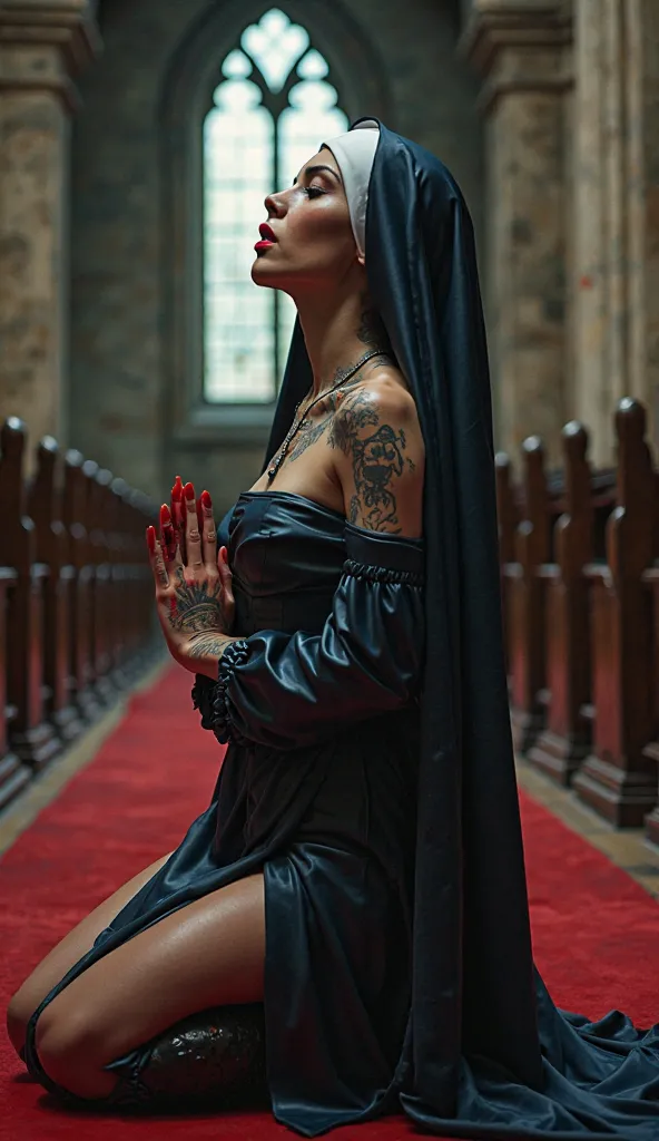 angelina jolie on her knees and pray, view from profil, latex,  latex nun uniform, long latex nun dresse latex dark blue and red brown, REVERENCE LATEX RUBBER HEADPIEce dark blue latex red brown latex, corset latex brown red, platform stilettos vinyl red b...