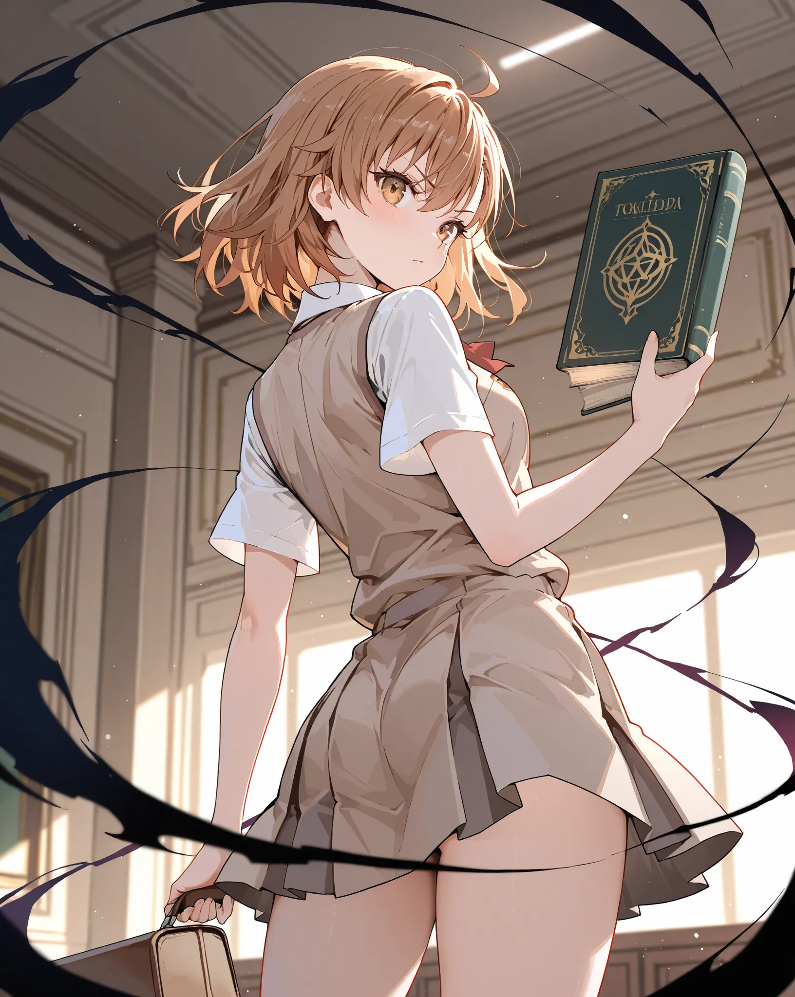 Forbidden Old Books,  Tokiwadai Middle School Uniform, (Darkness), masterpiece, highest quality, UHD, retina, masterpiece, accurate anatomy, super detailed, high quality, best quality, 8k