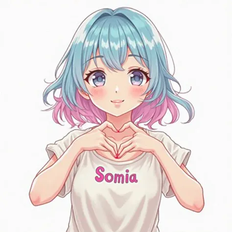 A handsome age anime girl in cyan and pink hoodie smiling. There is a text "somia" on her chest..She making a heartshape with her hands.. make the white background