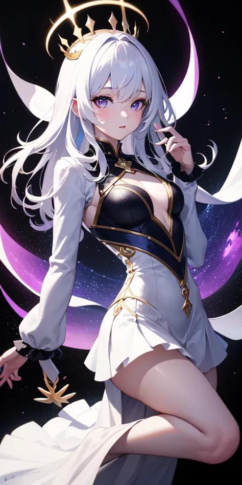 Masterpiece,8k, Ultra HD, high resolution,  1 girl, white hair, tall , multicolored hair, purple eyes, face detail, multicolored bright ring on the head, small crown, Impressive fit dress, Sexy dress, noble, white skirt and black combination on the chest, ...