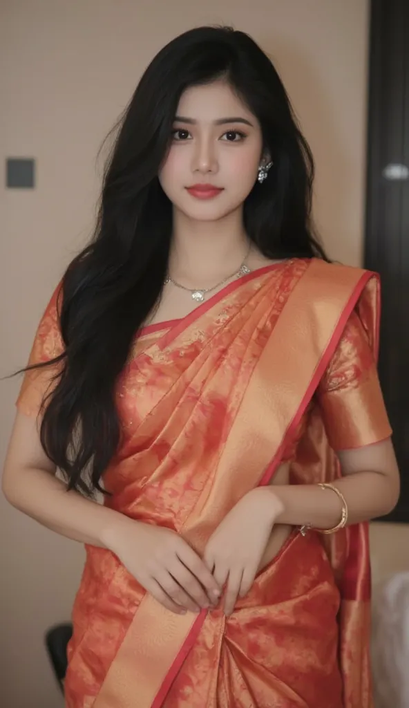 cute beauty 18 year old girl,she  with long black hair,she wearing a Indian sari  She has inviting expression on her face, Her eyes are bright and her lips are slightly, She is standing room background  and wall Her hands are clasped in front of her and he...