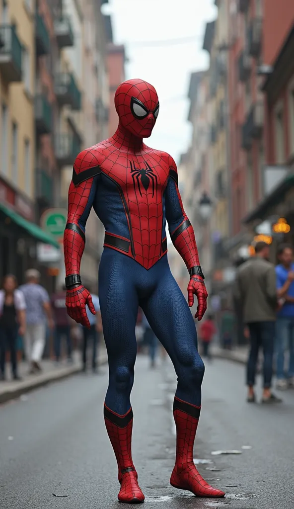 Spider-Man is in the middle of the street , next to you a man dressed in white is holding a mysterious drink realistic image ultra realistic image 