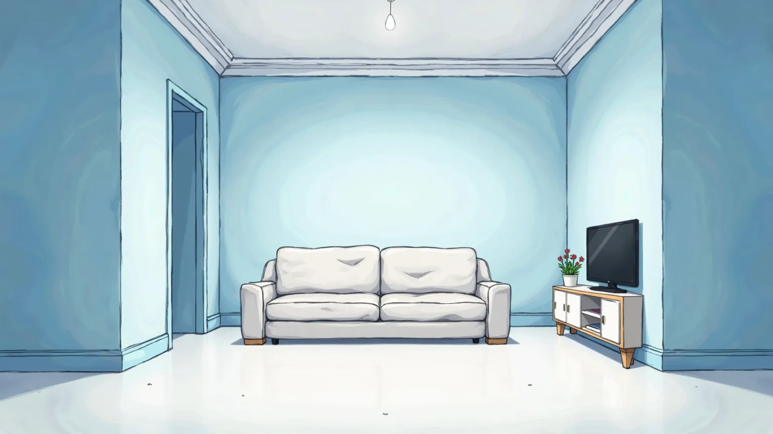 Anime style. The apartment is bright, big room. Blue and white walls. Direct view  (not from above or from the side). no people. there is a sofa. The floor is clean, light. Floor in the middle of the picture, on which there is nothing. On the sides there i...