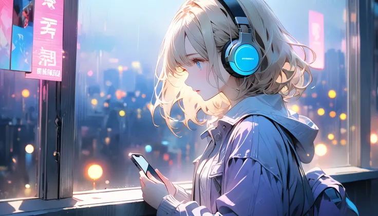 A melancholic night scene with a girl wearing headphones standing by a cafe window, gazing at the neon-lit city. The soft tones of blue and purple create a dreamy and emotional atmosphere. The city lights reflect in her eyes, she holds her smartphone in he...