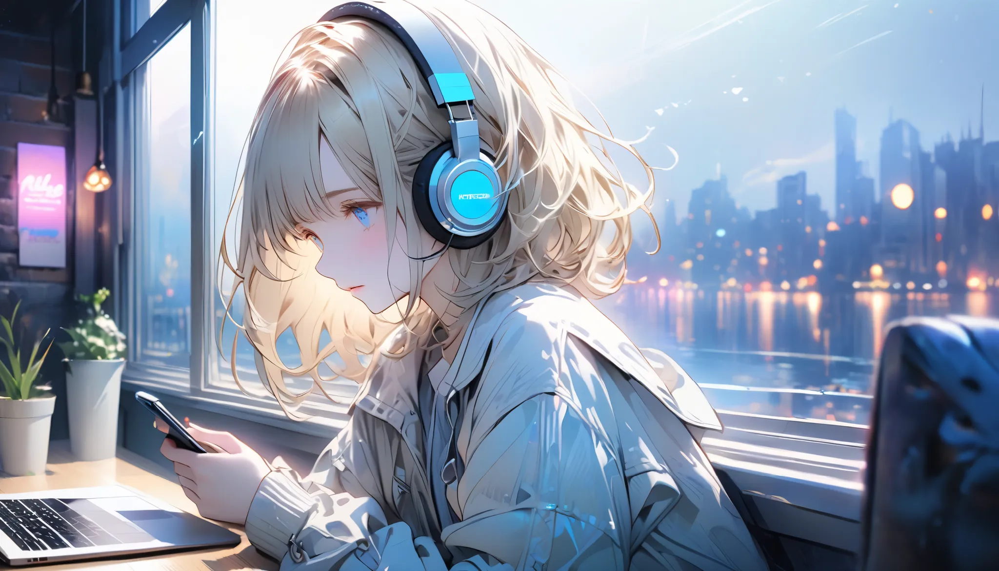 A girl wearing headphones sits at a table by the window in a cafe. A melancholic night view, gazing out the window at the neon-lit city. The soft tones of blue and purple create a dreamy and emotional atmosphere. The city lights are reflected in her eyes, ...