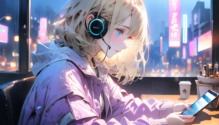 A girl wearing headphones sits at a table by the window in a cafe. A melancholic night view, gazing out the window at the neon-lit city. The soft tones of blue and purple create a dreamy and emotional atmosphere. The city lights are reflected in her eyes, ...