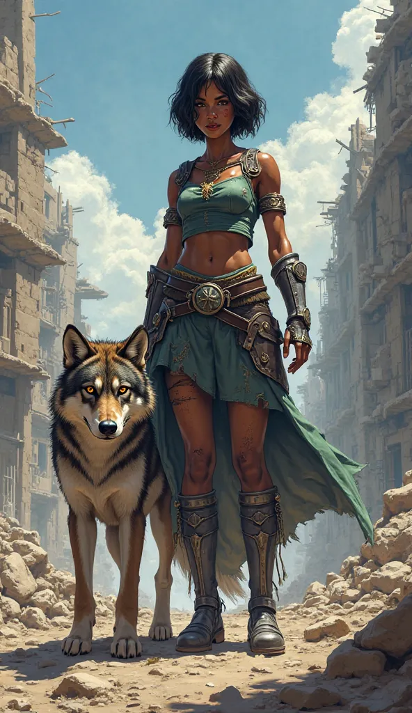 A dark-skinned woman with straight and short hair in a war scenario like a warrior who is not very muscular and who does not hide her wounds accompanied by a wolf in anime or cartoon 


