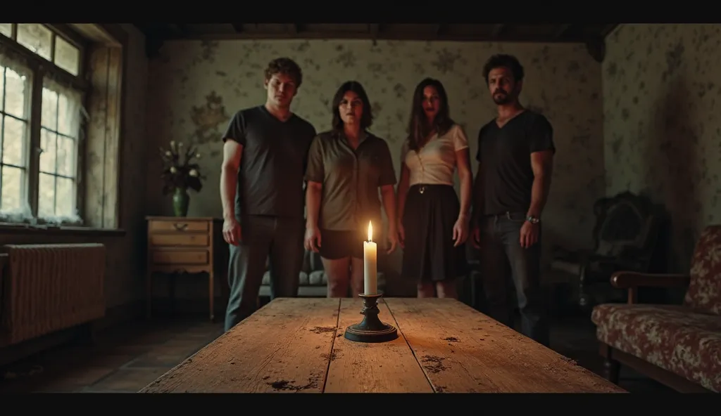 A dimly lit wooden living room inside an old house. Five people stand close together, their faces tense with fear. A single candle flickers on a dusty wooden table, casting weak, distorted shadows on the walls. The wallpaper is peeling, and old furniture c...