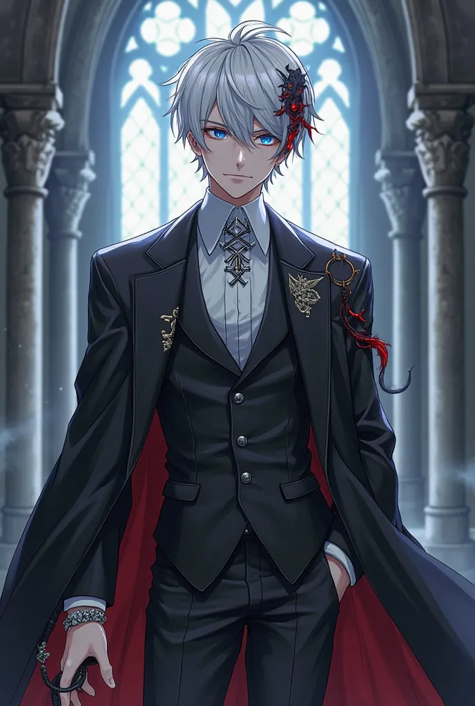 handsome male nephilim, short white hair, heterochromia - one light blue eye, one black and red eye, pale skin, black and red demonic rune tattoos on his back and arms, wearing a dark elegant gothic suit, white dress shirt, silver accessories, dark long co...