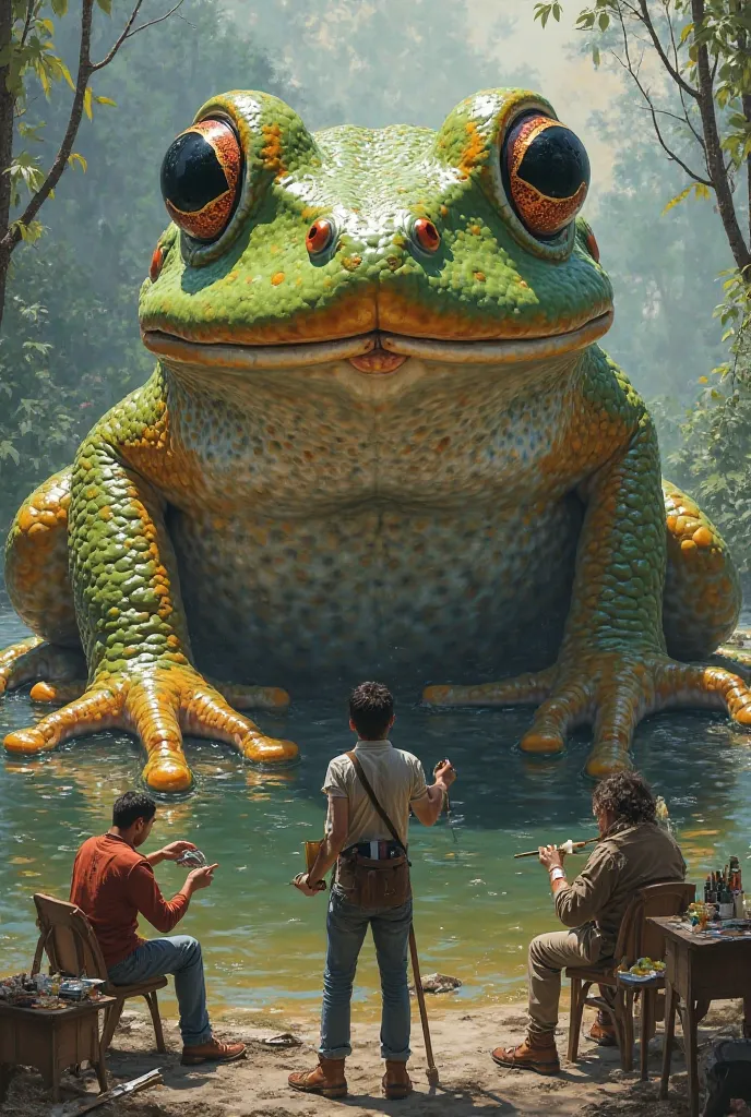 Painters painting a giant frog