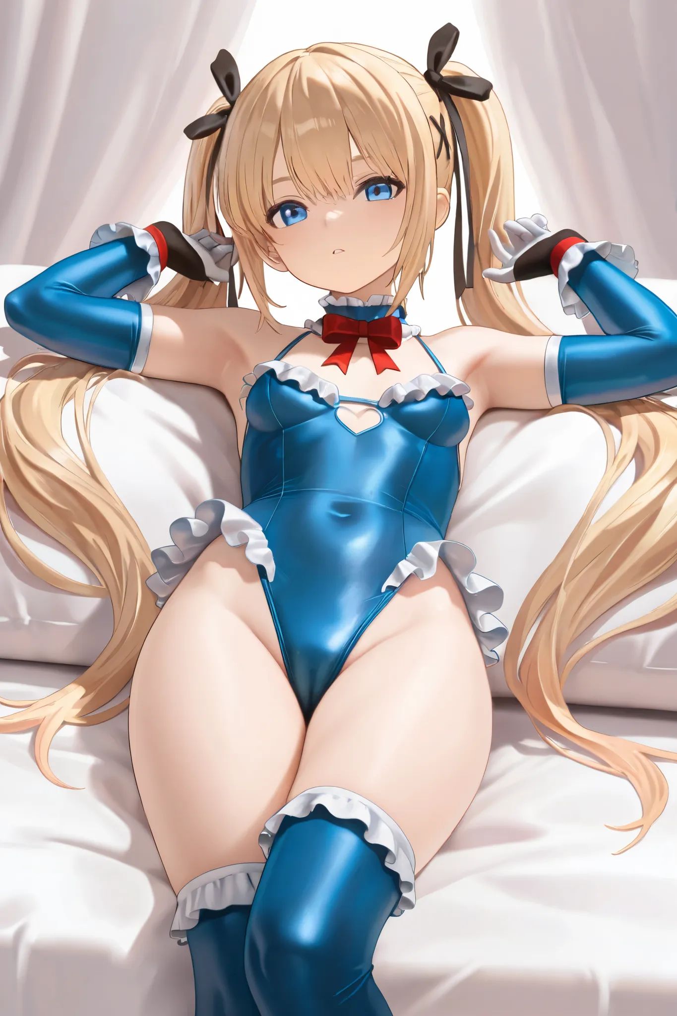 NSFW,masterpiece,top quality,high resolution,in white for summer very detailed, Marie Rose(dead or alive), Gold,long hair、twin tails,blue eyes,hair ornament、hair bow、 Frill Choker 、red bow tie、 blue one-piece swimsuit、Frilled swimsuit、Blue Sleeves、sleevele...