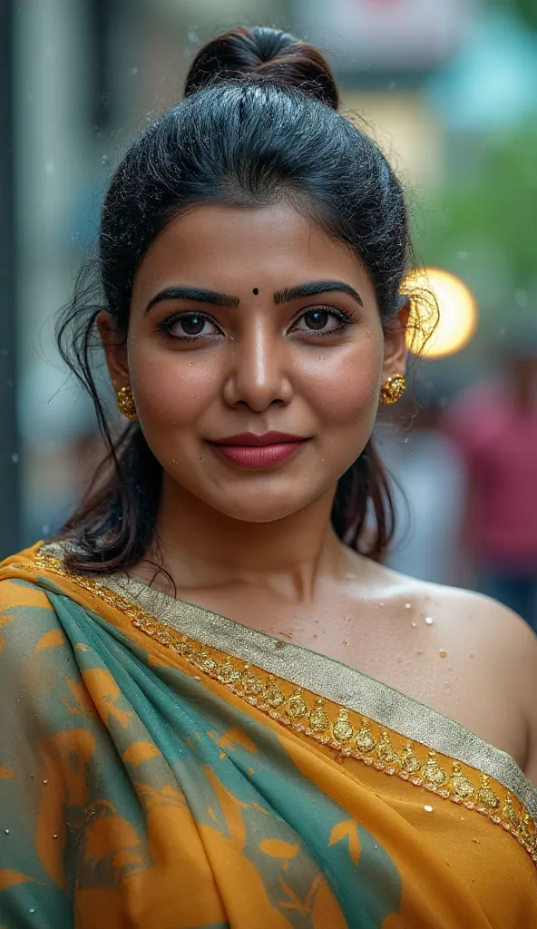 A masterpiece! Photo taken in 2025 early  A close up bust shot of  stunning very fair Indian milf 30 year old woman,chubby, front body pose,her free wavy hair a testament to the torrential rain that surrounds her. Beautiful, detailed eyes sparkle with joy ...