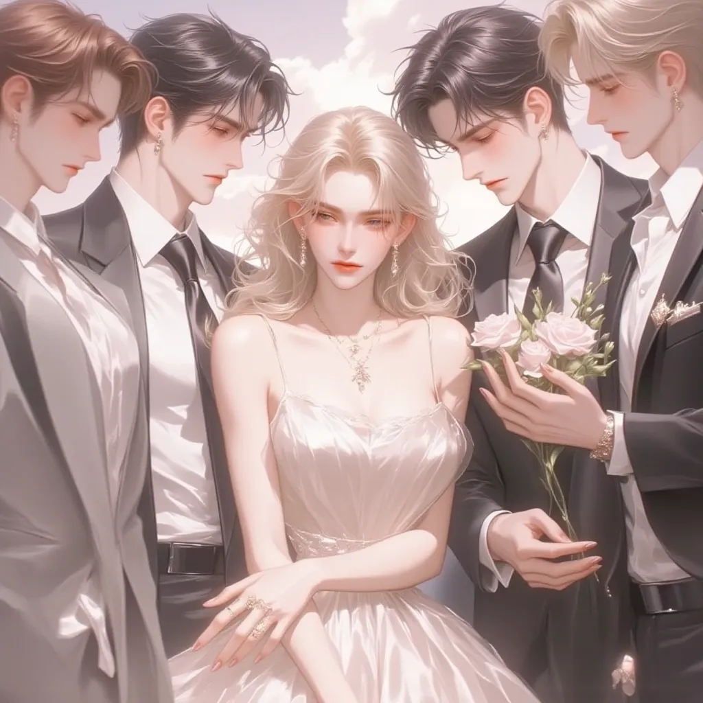 A cute and sweet-natured young woman stands surrounded by four young men, each competing for her attention. She wears a soft, elegant dress, her hand gently touching her cheek, looking shy and hesitant.

Warmhearted Guy: Stands closest to her, smiling gent...