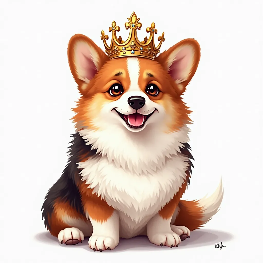 illustration of corgi wearing a crown. white background. regal looking.