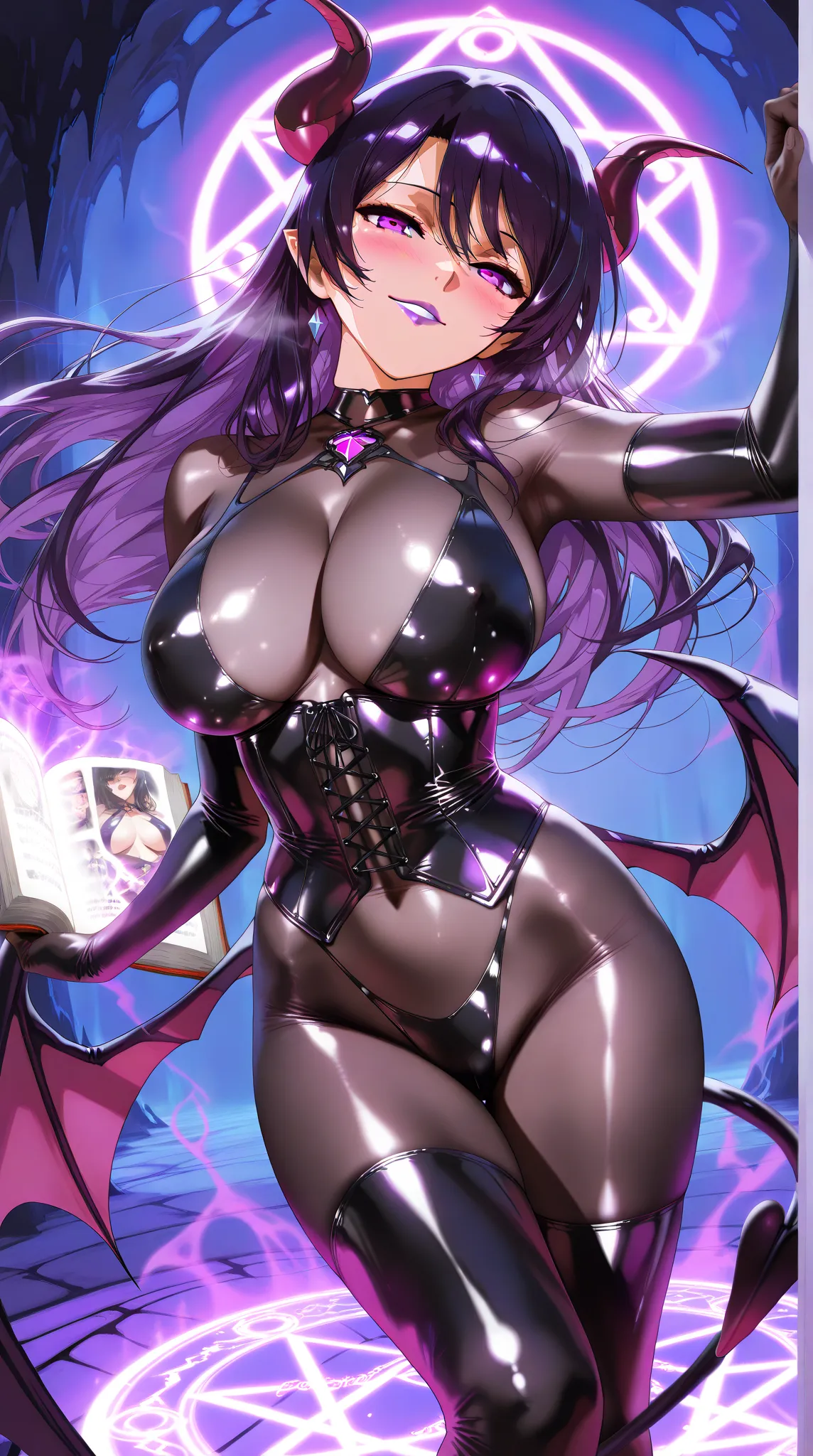 (Unbelievable high resolution, masterpiece, highest quality, highly detailed depiction, CG, high quality anime picture), (open magic book on the ground, open book emitting strong light, magic circle floating in the air, light of magic circle, succubus emer...