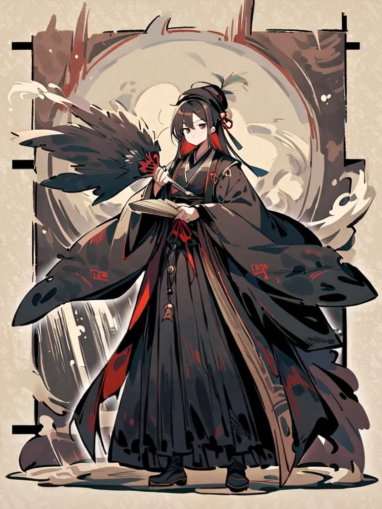  drawing on a canvas with a rough texture on the background, masterpiece,  A man holding a fan with a feather fan 、 Black Hanfu, Fabric hat,  Full Shot, 、a giant two-handed sword in her hand  