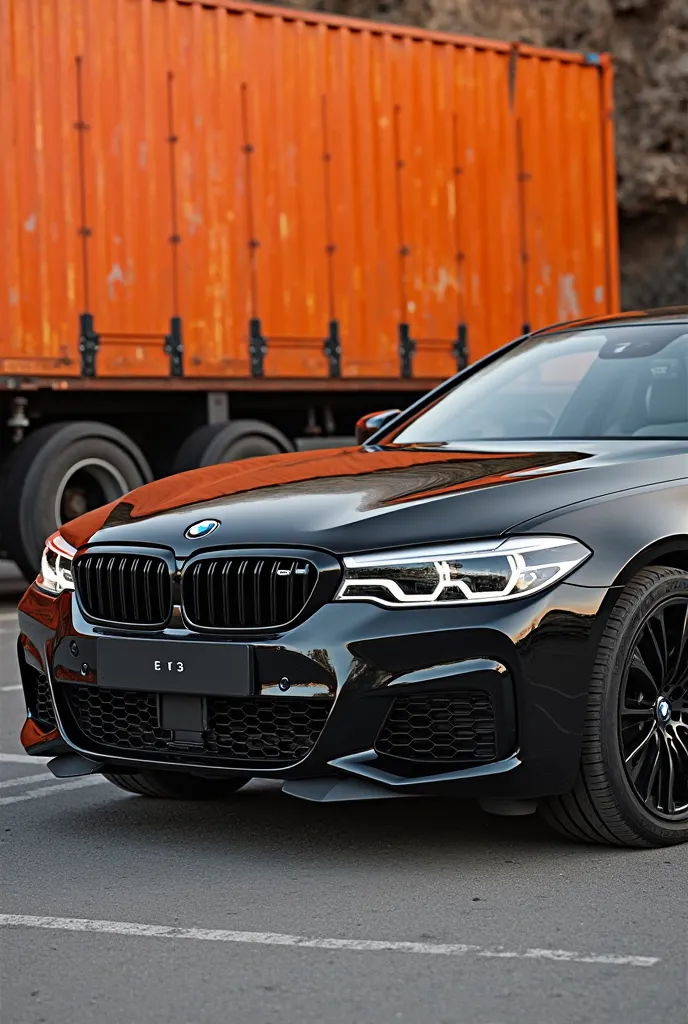 black bmw on the background of an orange truck cabin