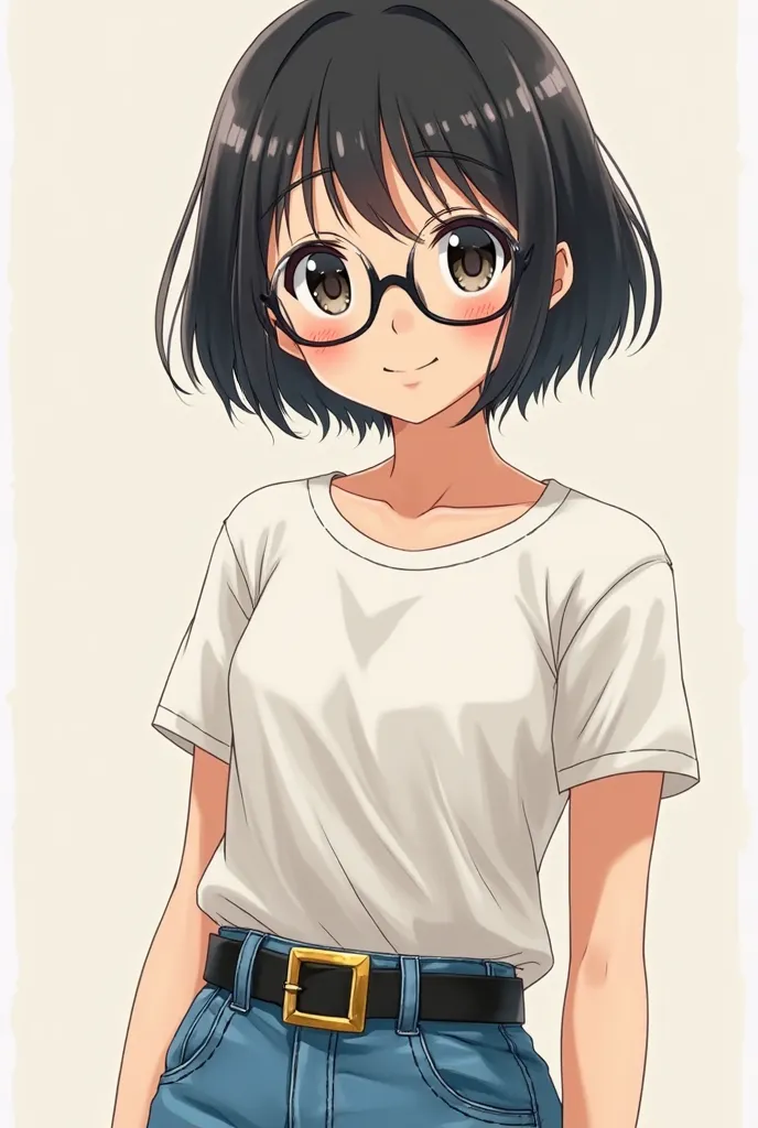 1 Japanese girl　 t-shirt jeans　 Thick Black Belt 　 square gold buckle　smile　With bangs　 short hair　Glasses　 animation