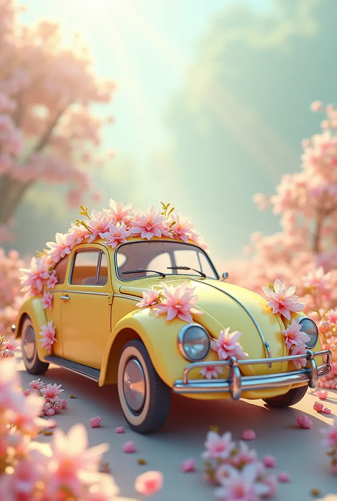 A light yellow car, decorated with flowers according to the concept of pastel grinding muse