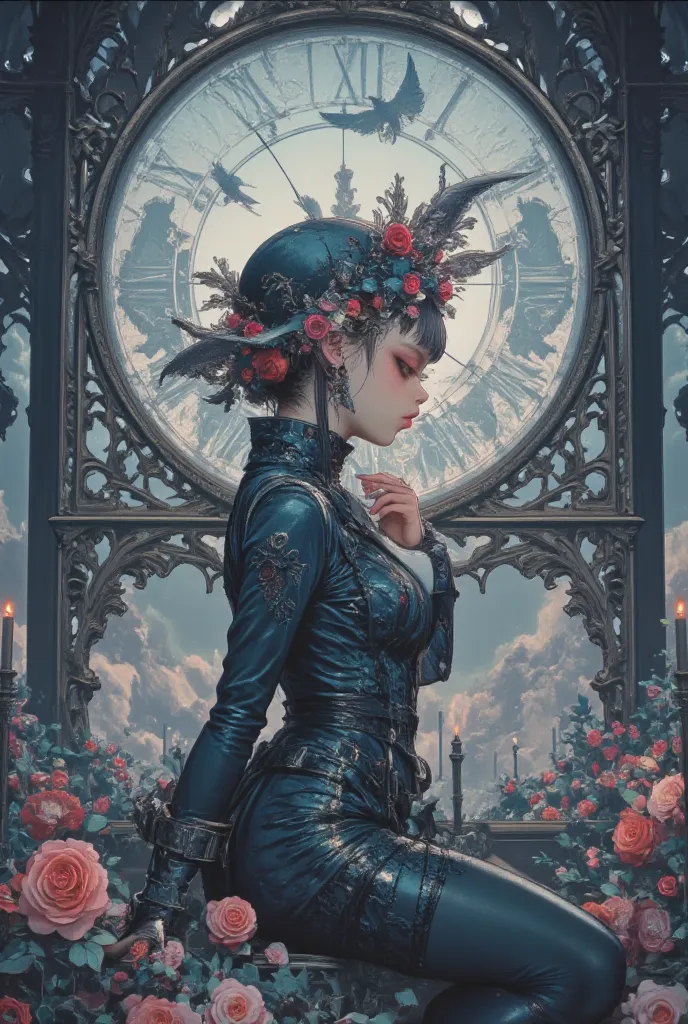 American comic style, illustration, sexy girl, Gothic & Lolita, queen, dress, flower hat, Leaning against the giant clock, daughter, lady, (Angels flying), A large clock in the background, a castle view in the background, the worldview of Western art, Read...