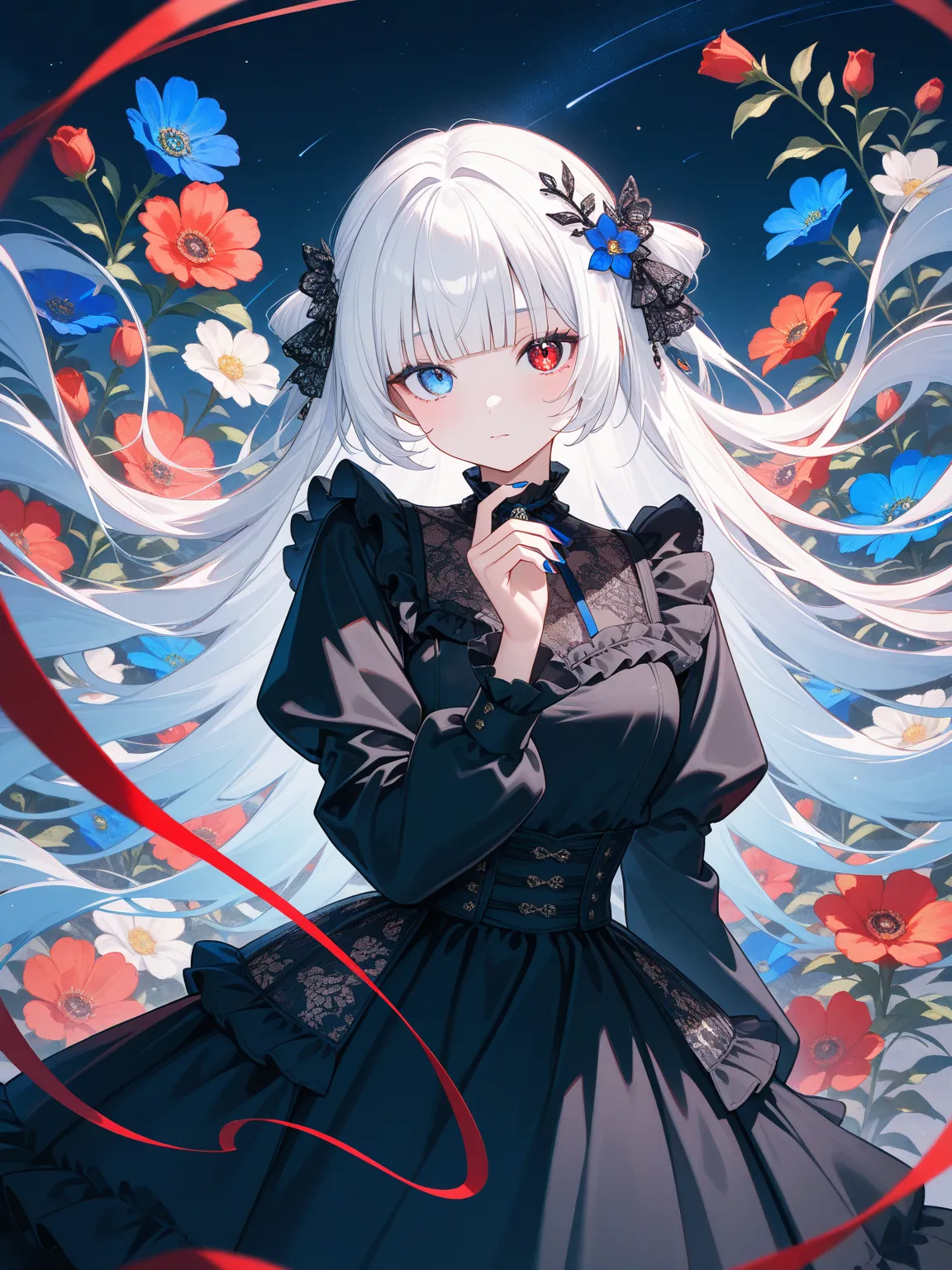 1girl, solo, red and blue nails, looking at viewer, bangs, heterochromia, red eye, yellow eye, long hair, nail polish, white hair, hair ornament, long sleeves, black dress, lace, hand up, flower, blunt bangs, closed mouth, ribbon, colorful, night sky, fril...