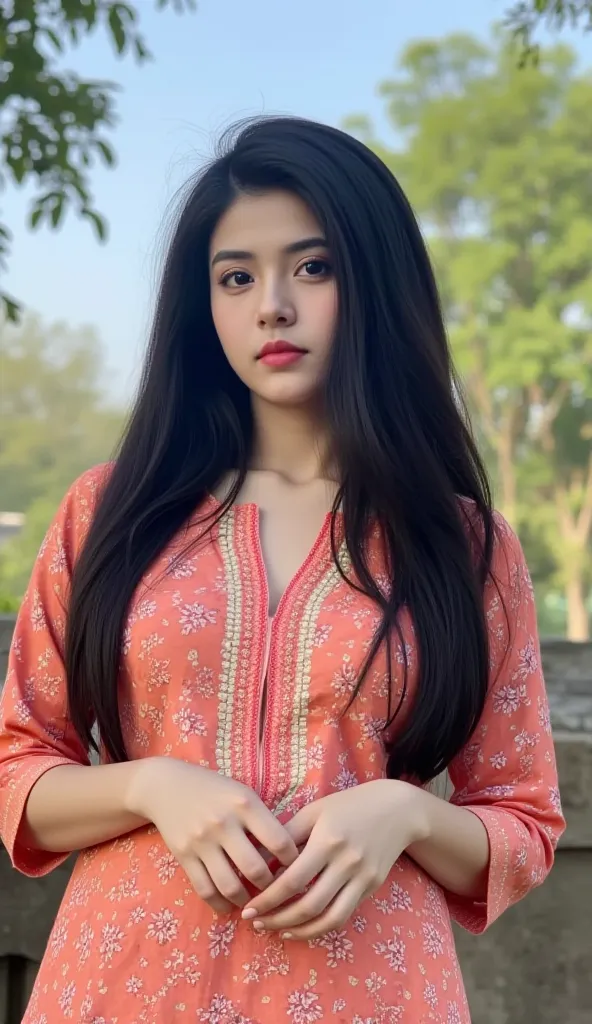 cute beauty 18 year old girl,she  with long black hair,she wearing a Indian kurti  . She has inviting expression on her face, Her eyes are bright and her lips are slightly, She is standing  background  tree sky Her hands are clasped in front of her and her...