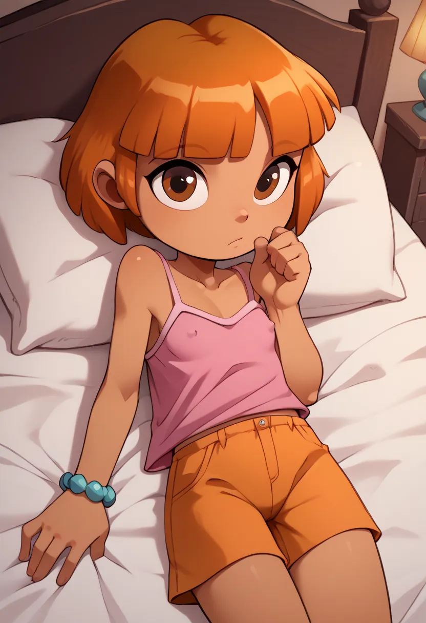 Dora the Explorer, Alone, cute, tiny breast , huge ass, staring at you, brown eyes, on the bed, will lie down on the other side, indoors, dark skinned woman, bob cut, ( pink camisole ), Bare abdomen, loose shirt, (Orange Hot Pants ), bracelet, (slender bod...