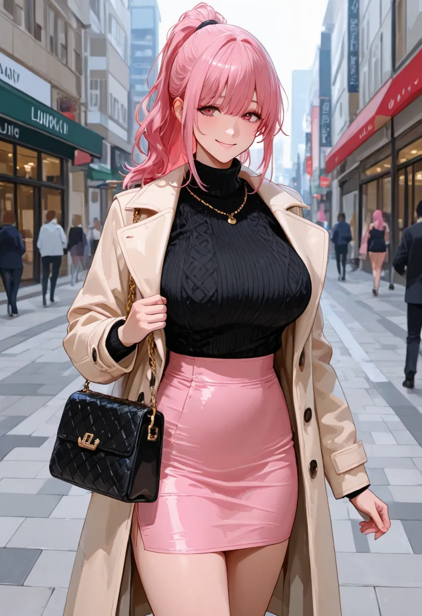 bigger breasts in bikinis,long pink hair,Wear a coat over a black knit,tight skirt,carrying a luxury bag,smile gently,ponytail,Date, walks through the city