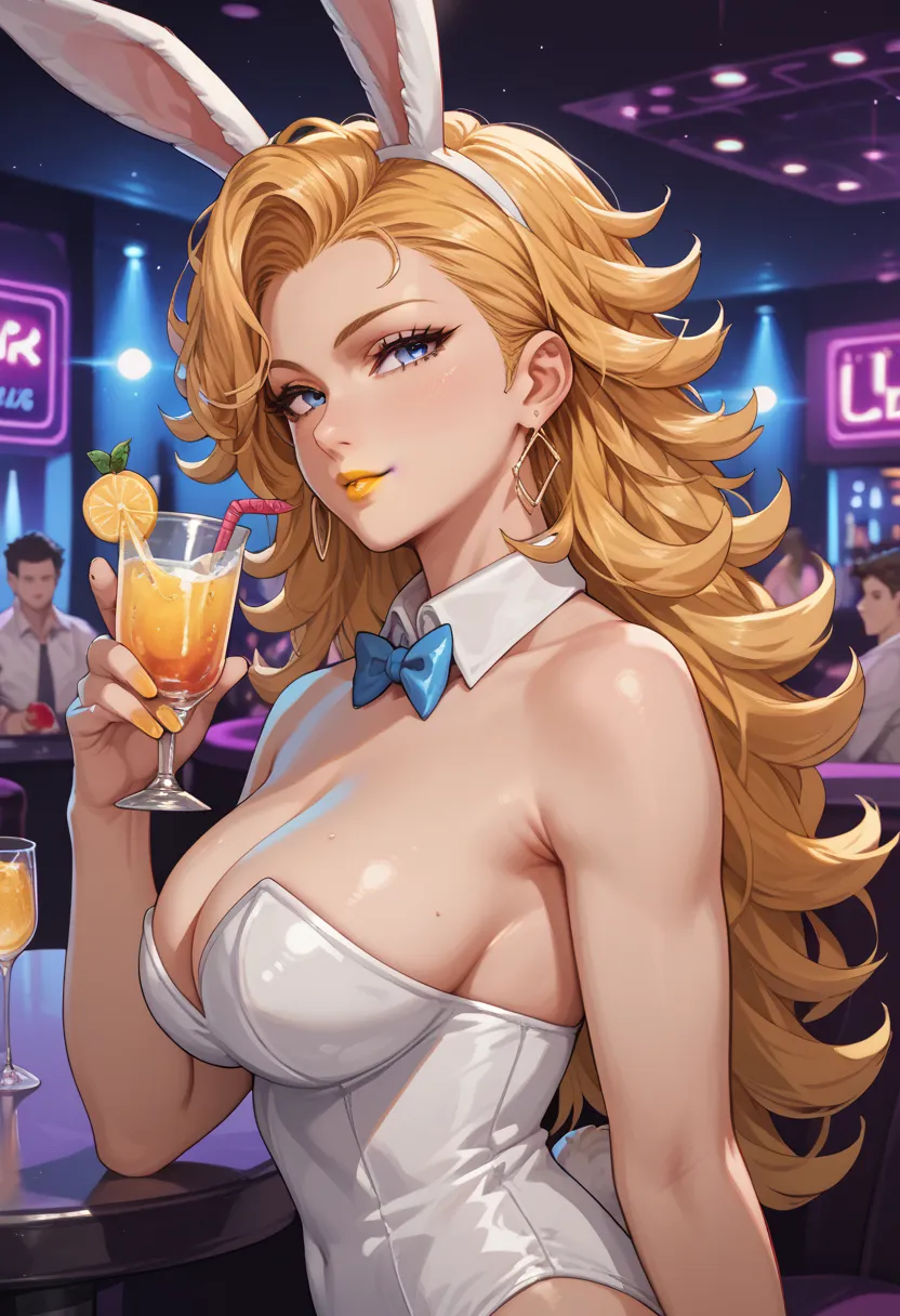 woman, big breasts, yellow lipstick, anime style, white skin, blonde hair, white bunny outfit, nightclub, drinks, nightclub lights, party, side view, loose hair, blue eyes, focus on character, looking at viewer, Dagger 