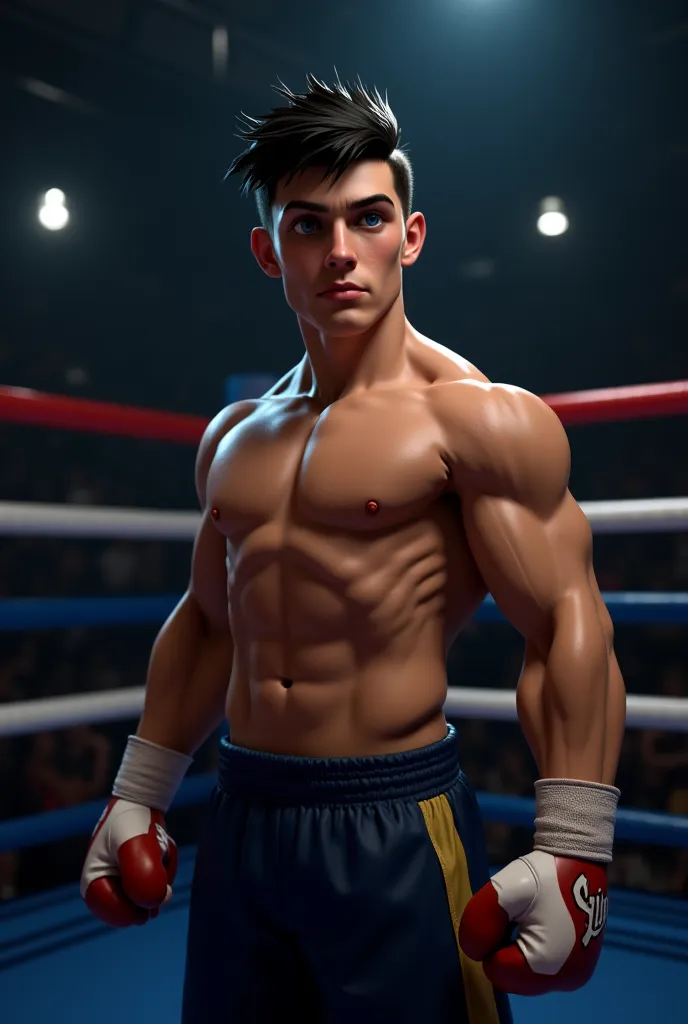 realistic image.Young man with black hair and blue eyes. Man of athletic physique. He stands in the ring 