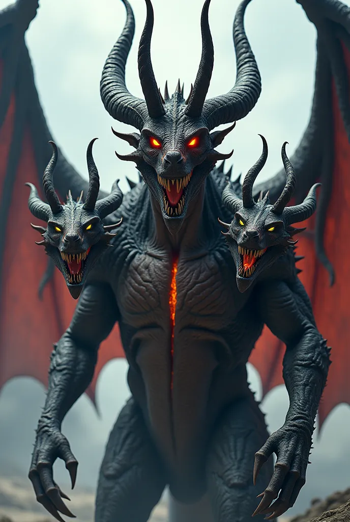 "A fantasy-style, colossal three-headed dragon monster with demonic features. The central head has a sinister expression and multiple sharp, pointed horns, prominently featuring a tall, central horn. The side heads resemble fierce, demonic goats or rams, e...