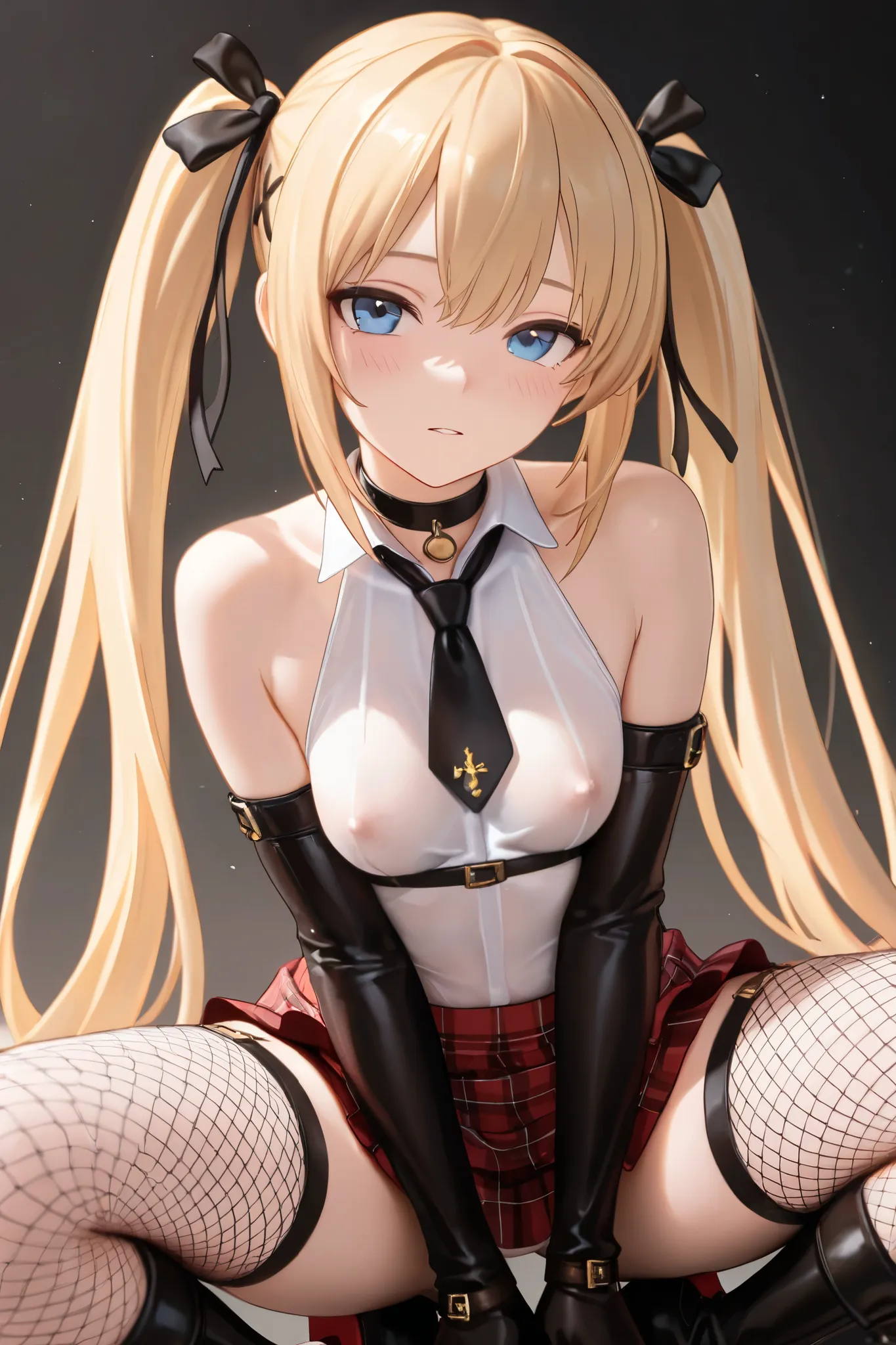 NSFW,masterpiece,top quality,high resolution,in white for summer very detailed, Marie Rose(dead or alive), Gold,long hair、twin tails,hair ornament、hair bow、white shirt、choker、black tie、red miniskirt、plaid skirt、arm warmers、fishnet tights、black boots