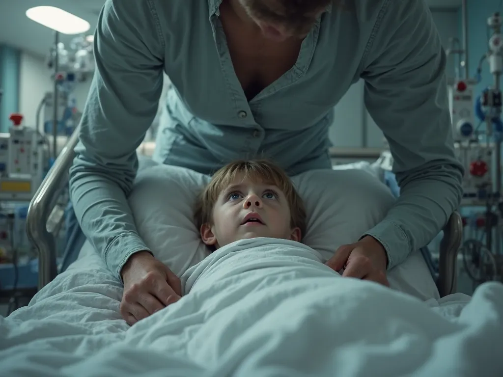  boy, from s, lying on a hospital bed, looking at someone scared