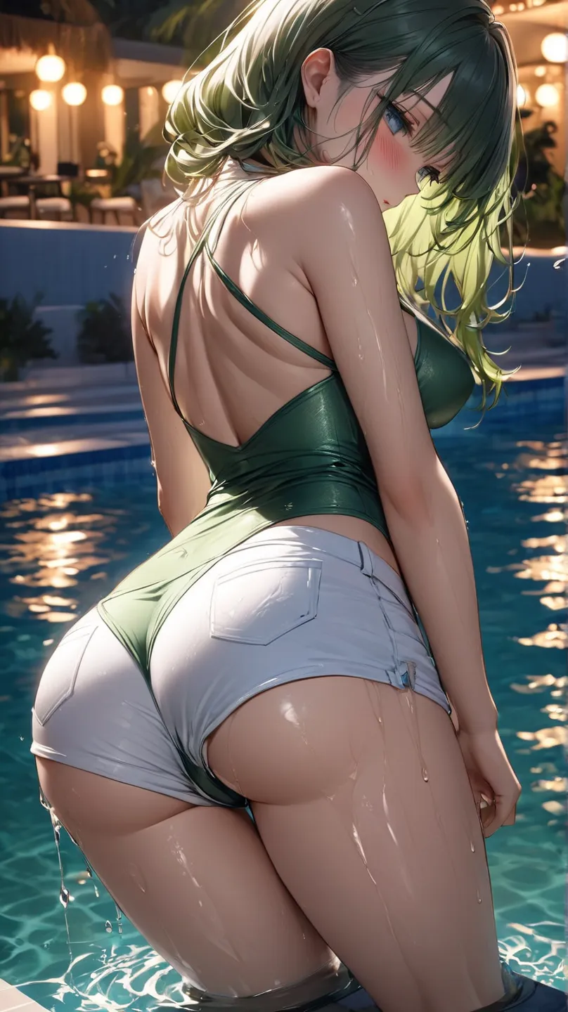 (masterpiece, detailed:1.2),  1girl , black gree hair, very shy eyes、((Shiny Textured Dark Green Swimsuit)), (( white shorts))、((half-taken off bottoms)), ((((shy, blush))),((low twin tail)), (汗 soaked), (sexy), ((((medium breasts)))) (( wet clothes))

(ma...