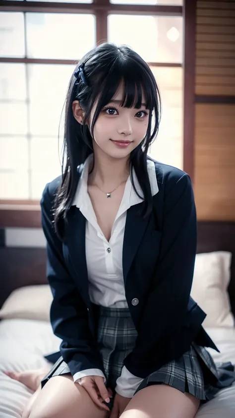 ((masterpiece, top quality, high resolution, Ultra-fine)), Japanese High School Girl,(realistic:1.5)、big smile、great face、Closed Mouth、 sharp mouth、Glossy Lips 、long hair,(beautiful black hair:1.5)、high school uniform,(navy blue blazer,blue plaid mini plea...