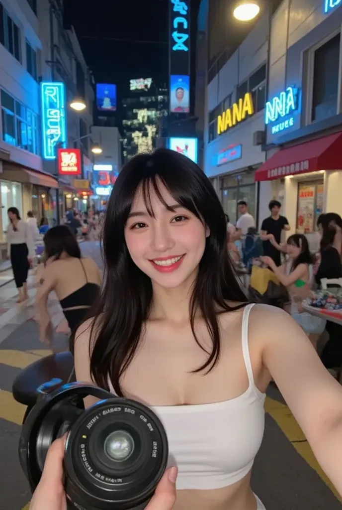 "high quality, 8K resolution, hyper-realistic, sharp focus on the face, cinematic lighting, detailed textures, a woman with long black hair walking through the streets of a city, laughing while being photographed by a friend. The city lights add a colorful...