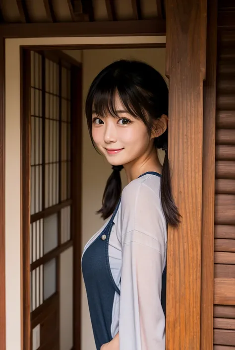 Baby Face、37 years old、Japanese woman、twin tails、Clothes that show boobs 、Veranda of a Japanese house at sunset、is staring at me、person up、 has red cheeks、A slightly shy smile