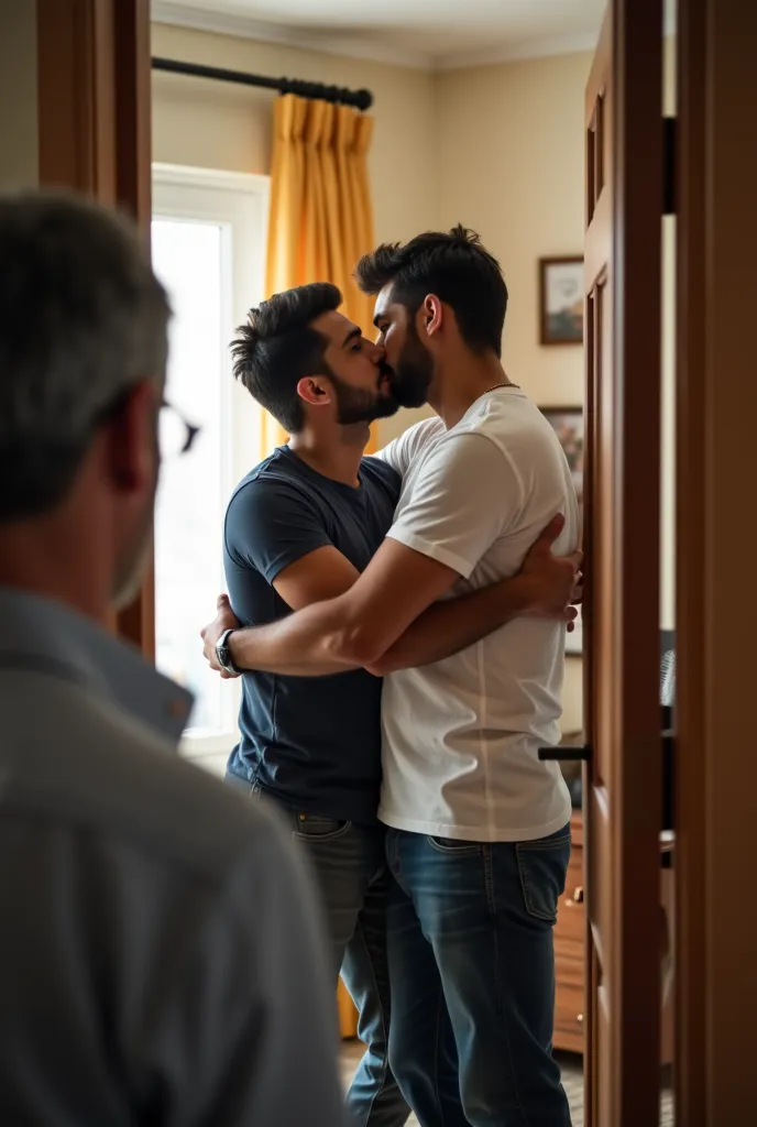 One indian matured man with grey hair in formal shirt n pant from behind the door of a room peeing our and recording with his phone two indian young men in tshirt jeans hugging and kissing each other inside a room