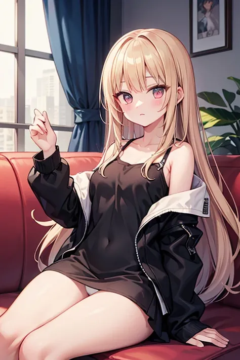 Height: 160cm　 Gold　straight hair　Yankee Girl　Black hard fabric jacket　black hard fabric mini skirt　Pink Open Front Pyjama Dress Sitting On The Couch　white panties visible
