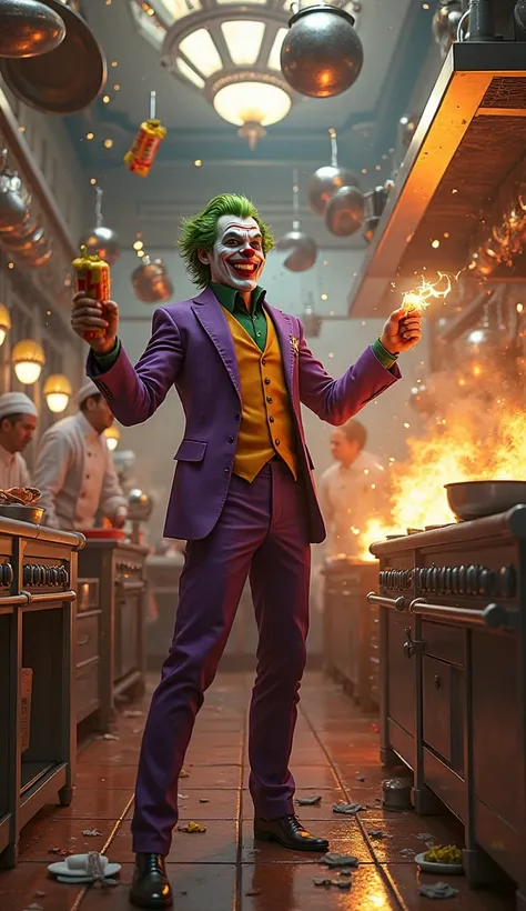 A highly detailed 3D scene of the Joker in a chaotic restaurant kitchen. He is holding a dynamite stick with a manic grin on his face, about to light the fuse. Pots and pans are flying in every direction, and flames begin to spark from the stove. The kitch...