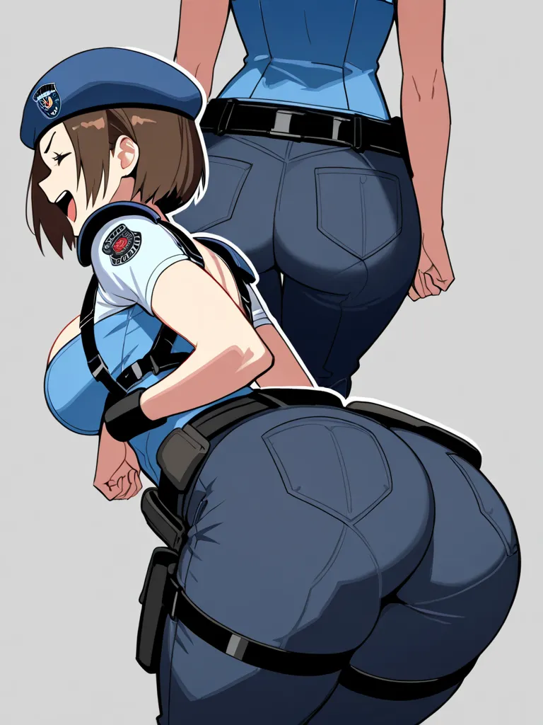         Laugh with Jill Valentine ,   masterpiece  ,       top quality ,        1 girl ,  alone,        is standing, , beret, uniform,    shoulder pad   , Short sleeve, harness, belt,        pants,         immovable pattern        ,  big ,  big butt , She'...