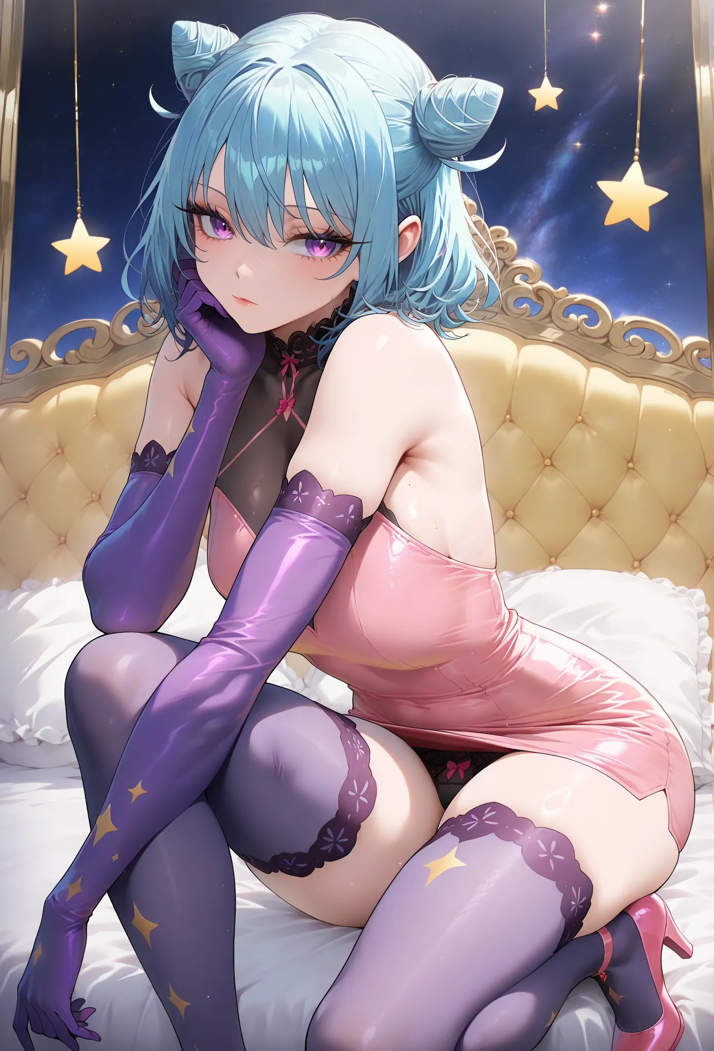 (masterpiece, high resolution, 2k resolution, best quality), (1girl, perfect anatomy, perfect face), (Character: Samishii Kamisama (Lonely God / DAOKO - Girl)), ((blue hair), short hair , cone hair bun ), (purple eyes, long eyelashes, perfect eyes), pink d...