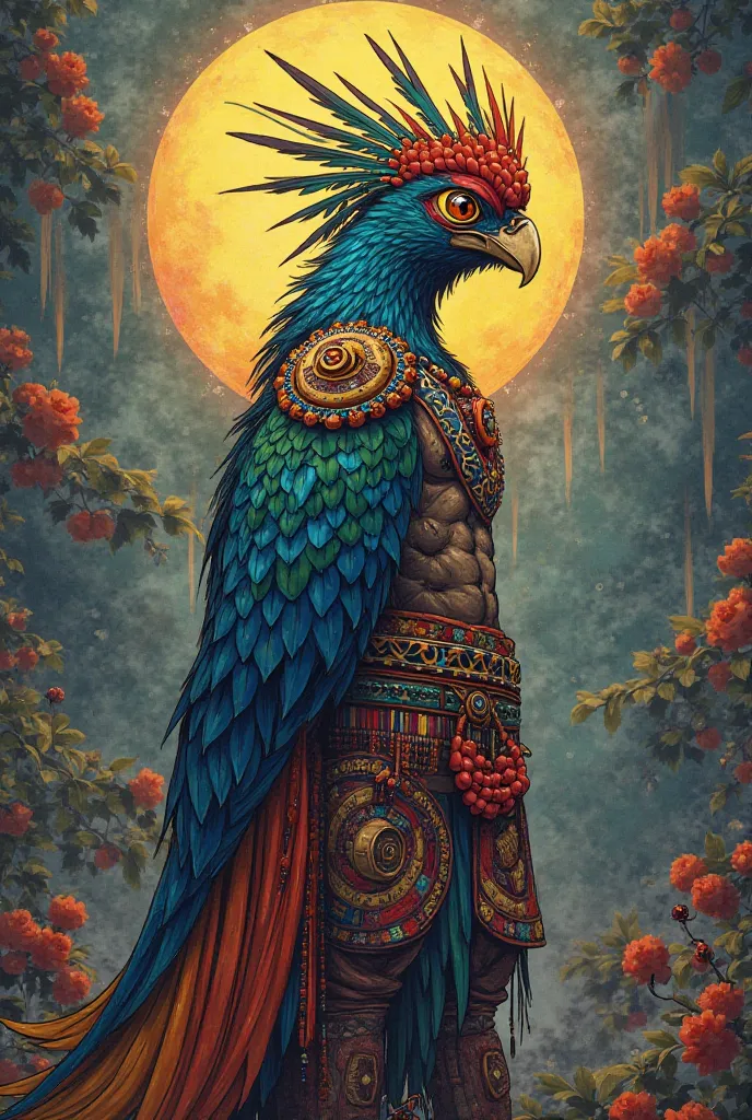 I want a Quetzal man for the creation of an anime, is the main character . He must be dressed in cloth suits and mullos with the typical costumes of the indigenous Ecuadorians. It must be majestic 