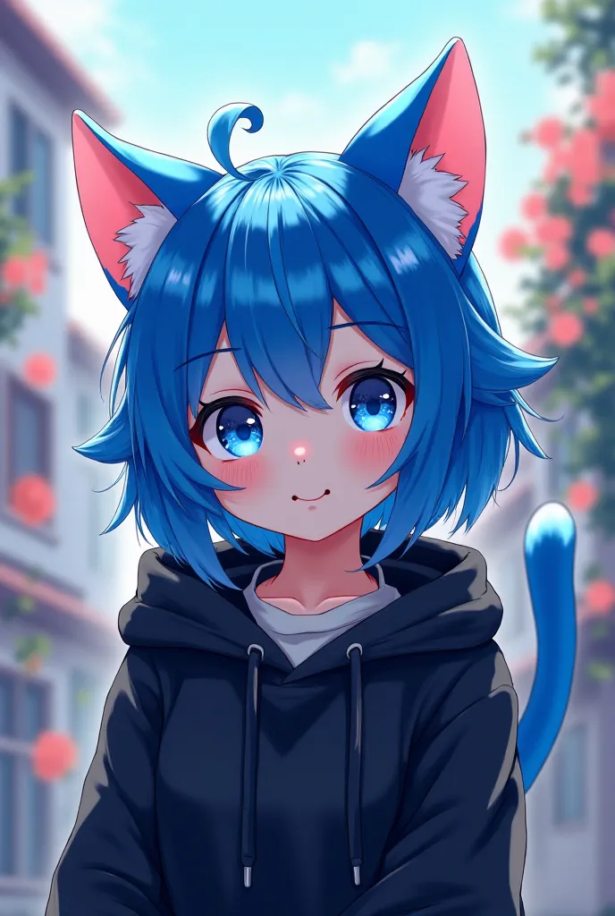 Anime style blue cat girl in a cute black hoodie