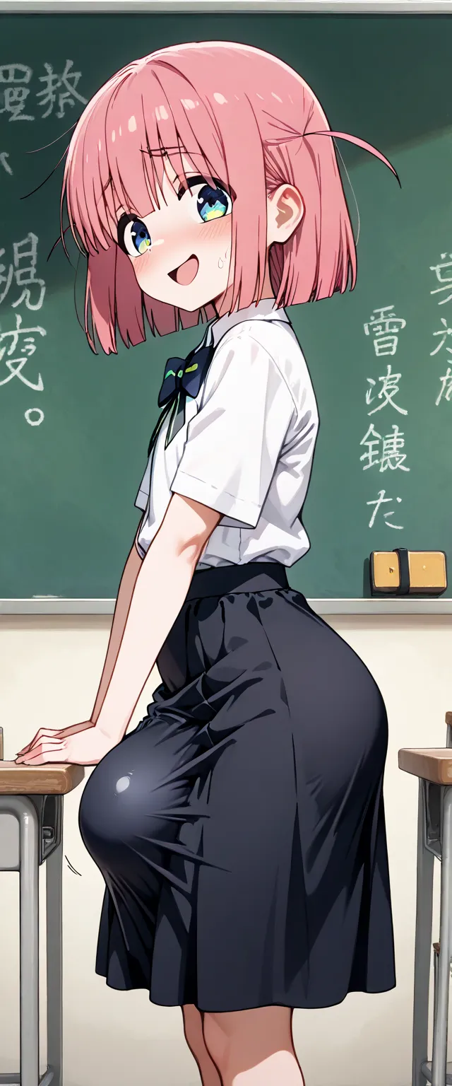 ( Masterpiece ),classroom background,  best quality,
futari gotoh,   short hair, body,pink hair, blue eyes, ,  perfect face, 2girls,solo , flat chest, body, Glare in the eyes , aroused face,  smirk, open mouth, mouth open, eyes half closed, hands on the pe...